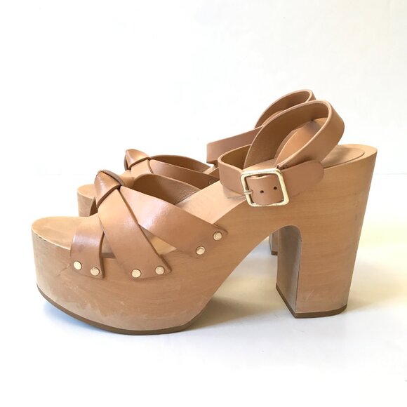 Loeffler Randall Abbie Knot Clog Sandals Womens 9 Tan Leather Platform Studded - Picture 7 of 14